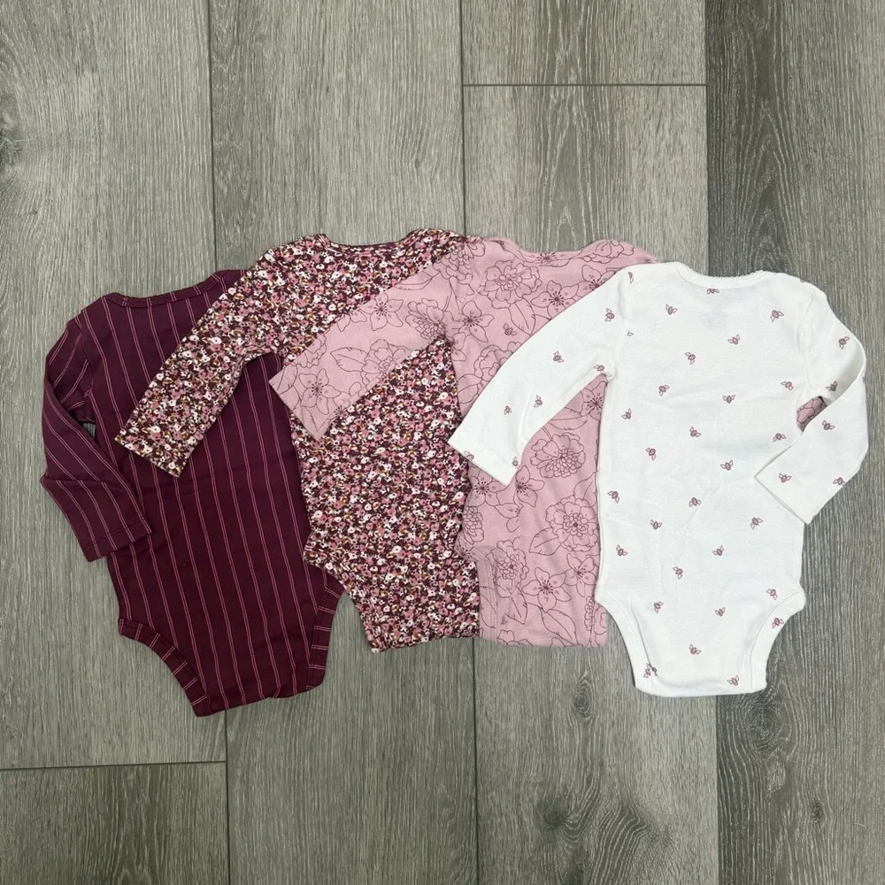 CARTERS 4PC LONG SLEEVE BODYSUIT SET FLORAL PURPLE WHITE 6MO